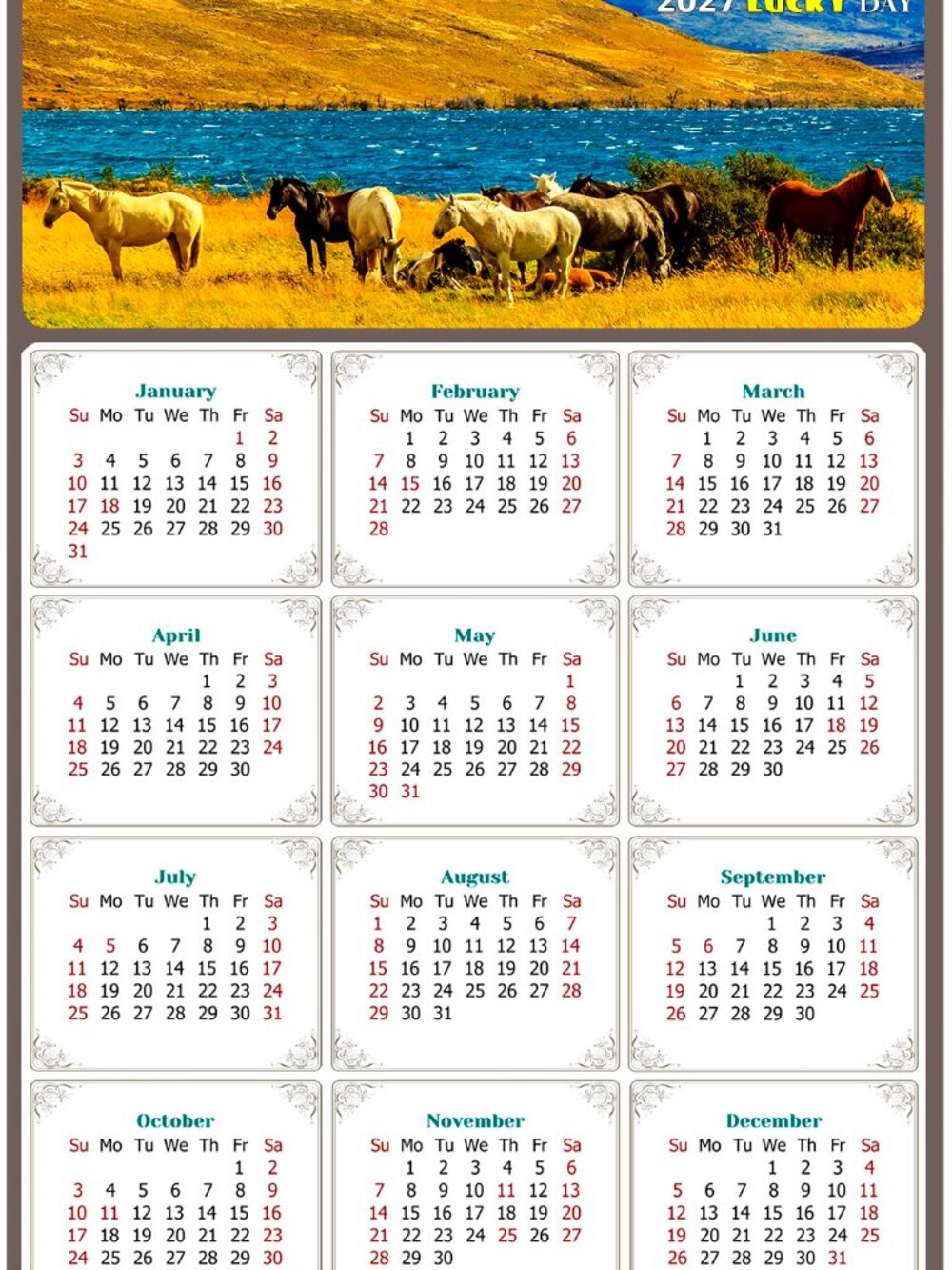 2027 Magnetic Calendar - Today is my Lucky Day - Horses Themed 012 (5.25 x 8)